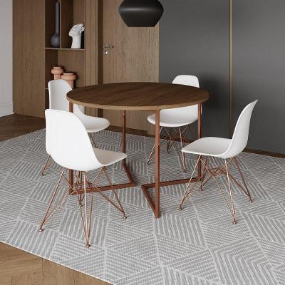 Mesa Industrial Jantar Redonda Amêndoa 110Cm Base V Com 4 Cadeiras Eames Brancas Base Cobre Amendoa