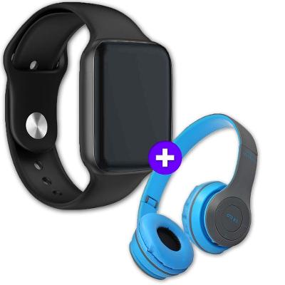 Kit Smartwatch Iwo 8 44mm Preto + Headphone Dobrável Azul