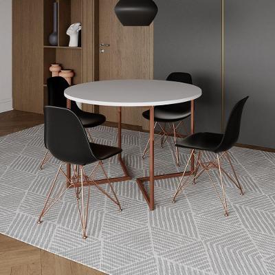 Mesa Industrial Jantar Redonda Branca 110Cm Base V Com 4 Cadeiras Eames Pretas Base Cobre Branco