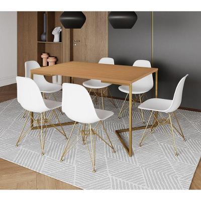 Mesa Jantar Industrial Retangular 137X90Cm Canela Base V Com 6 Cadeiras Brancas Base Do Cor: Canela