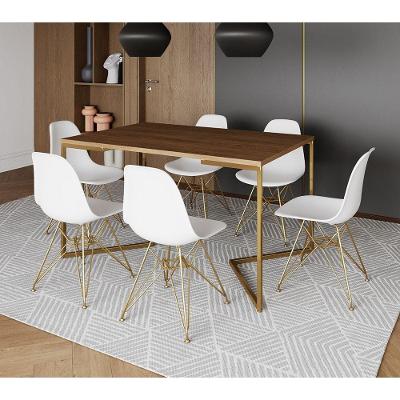 Mesa Jantar Industrial Retangular 137X90Cm Amêndoa Base V C/6 Cadeiras Brancas Base D Cor: Amendoa