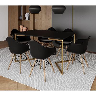 Mesa Jantar Industrial Preta 137X90Cm Base V Dourada Com 6 Poltronas Daw Madeira Pretas Cor: Preto