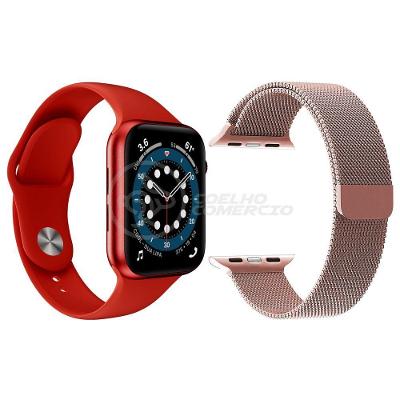 Kit 1 Smartwatch W46 S Vermelho + 1 Pulseira Extra Rosa