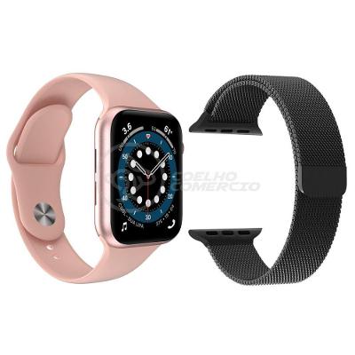 Kit 1 Smartwatch W46 S Rosa + 1 Pulseira Extra Preto