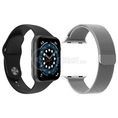 Kit 1 Smartwatch W46 S Preto + 1 Pulseira Extra Prata