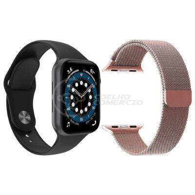 Kit 1 Smartwatch W46 S Preto + 1 Pulseira Extra Rosa
