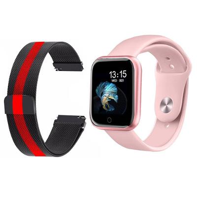 Kit 1 Smartwatch T80 Rosa + Pulseira Aço Preto Listrada