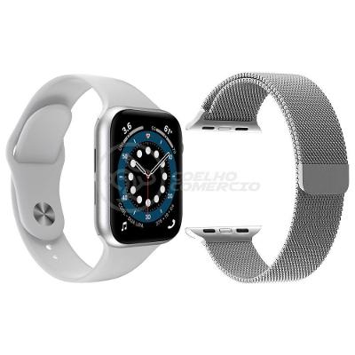 Kit 1 Smartwatch W46 S Branco + 1 Pulseira Extra Prata