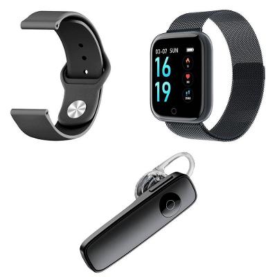 Kit 1 Smartwatch Preto + 1 Pulseira Extra + 1 Fone Preto