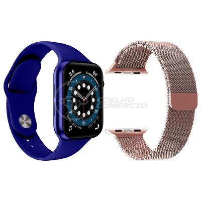Kit 1 Relógio Smartwatch W46 S Azul + 1 Pulseira Aço Rosa