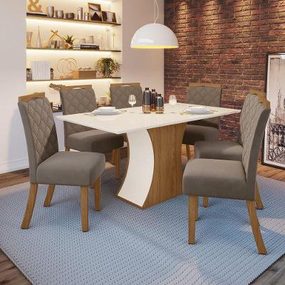 Kit De Jantar 160Cm 06 Cadeiras Off White/Nature/Marrom