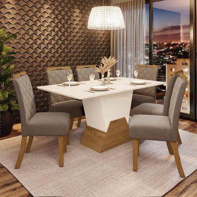 Kit De Jantar 160Cm 06 Cadeiras Yara Off White/Nature/Marrom