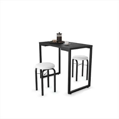 Mesa Multiuso Preto 90 Cm Com 02 Banquetas Corino Branco