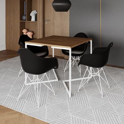 Mesa Jantar Industrial Quadrada Amêndoa 90Cm Base V C/4 Poltronas Pretas Ferro Branco Cor: Amendoa