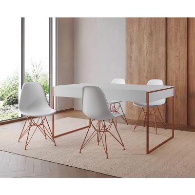 Mesa Jantar Industrial Retangular Branca 137X90Cm Com 4 Cadeiras Brancas Base Cobre Cor: Branco