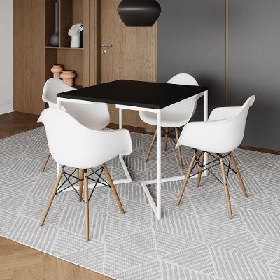 Mesa Jantar Industrial Quadrada 90Cm Preta Base V Ferro Branco Com 4 Poltronas Brancas Cor: Preto