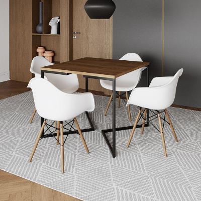Mesa Jantar Industrial Quadrada Amêndoa 90Cm Base V Ferro Preto C/4 Poltronas Brancas Cor: Amendoa