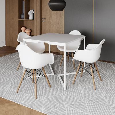 Mesa Jantar Industrial Quadrada 90Cm Branca Base V Ferro Branco Com 4 Poltronas Brancas Cor: Branco