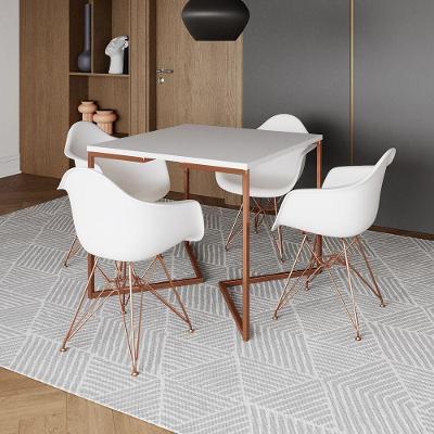 Mesa Jantar Industrial Branca 90Cm Quadrada Base Cobre V Com 4 Poltronas Brancas Pés Co Cor: Branco