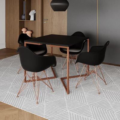 Mesa Jantar Industrial Preta 90Cm Quadrada Base Cobre V Com 4 Poltronas Pretas Pés Cobr Cor: Preto