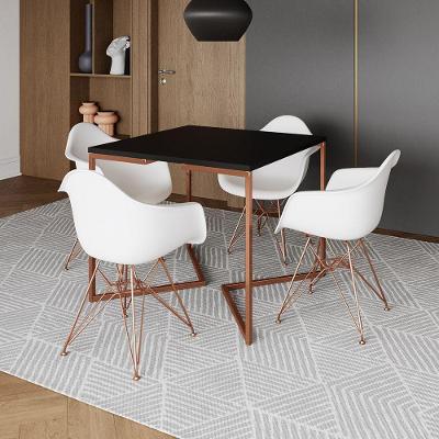 Mesa Jantar Industrial Preta 90Cm Quadrada Base Cobre V Com 4 Poltronas Brancas Pés Cob Cor: Preto