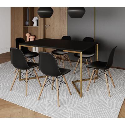 Mesa Jantar Industrial Retangular 137X90Cm Preta Base V Dourada Com 6 Cadeiras Madeira Cor: Preto
