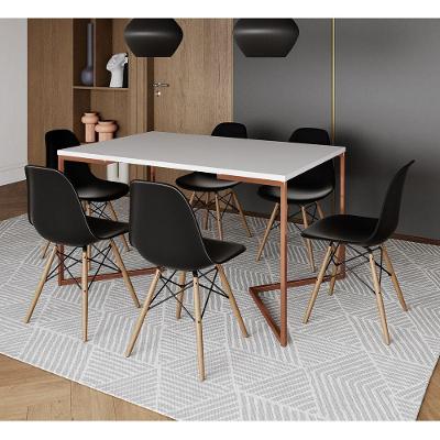 Mesa Jantar Industrial Retangular Branca 137X90Cm Base V Cobre Com 6 Cadeiras Pretas Ma Cor: Branco