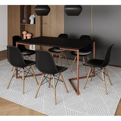 Mesa Jantar Industrial Retangular Preta 137X90Cm Base V Cobre Com 6 Cadeiras Pretas Mad Cor: Preto
