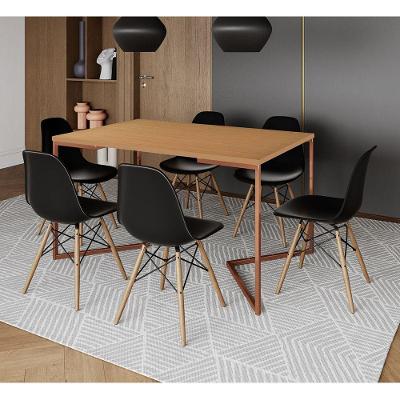 Mesa Jantar Industrial Retangular Canela 137X90Cm Base V Cobre Com 6 Cadeiras Pretas Ma Cor: Canela