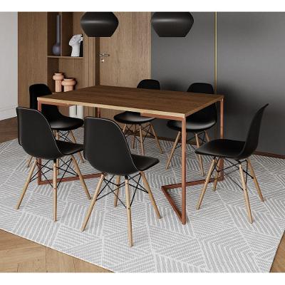 Mesa Jantar Industrial Retangular Amêndoa 137X90Cm Base V Cobre C/6 Cadeiras Pretas M Cor: Amendoa