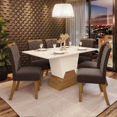 Kit De Jantar 160Cm 06 Cadeiras Yara Off White/Nature/Marrom