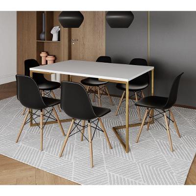 Mesa Jantar Industrial Retangular 137X90Cm Branca Base V Dourada Com 6 Cadeiras Madeira Cor: Branco