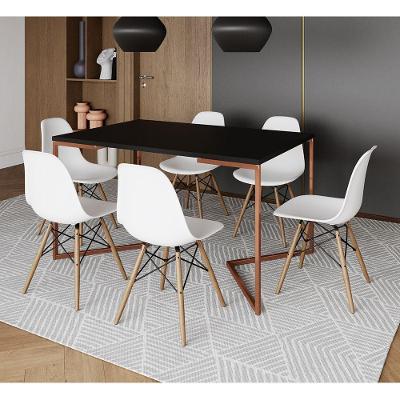 Mesa Jantar Industrial Retangular Preta 137X90Cm Base V Cobre Com 6 Cadeiras Brancas Ma Cor: Preto