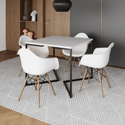 Mesa Jantar Industrial Quadrada Branca 90Cm Base V Ferro Preto Com 4 Poltronas Brancas Cor: Branco