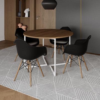 Mesa Jantar Industrial Amêndoa 110Cm Redonda Base V Ferro Branco C/4 Poltronas Pretas Madei Amendoa