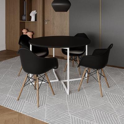 Mesa Jantar Industrial Preta 110Cm Redonda Base V Ferro Branco C/4 Poltronas Pretas Madeira Preto
