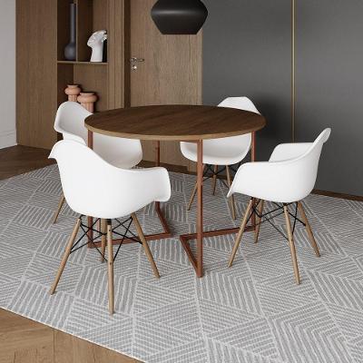 Mesa Jantar Industrial Amêndoa 110Cm Redonda Base V Cobre C/4 Poltronas Brancas Madeira Amendoa