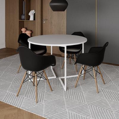 Mesa Jantar Industrial Branca 110Cm Redonda Base V Ferro Branco C/4 Poltronas Pretas Madeir Branco