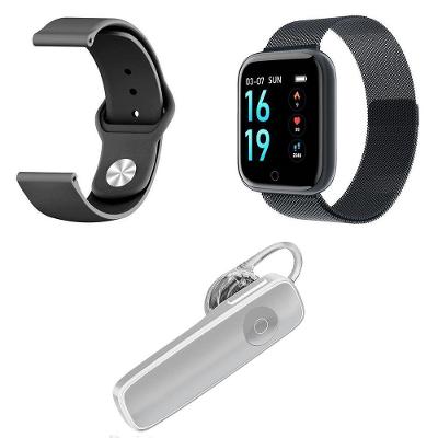 Kit 1 Smartwatch Preto + 1 Pulseira Extra + 1 Headset Branco