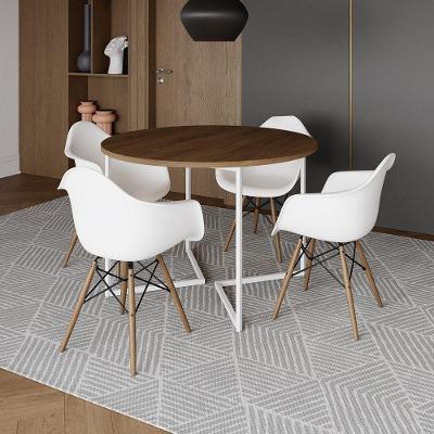 Mesa Jantar Industrial Amêndoa 110Cm Redonda Base V Ferro Branco C/4 Poltronas Brancas Made Amendoa