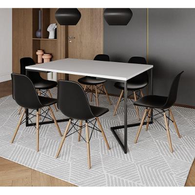 Mesa Jantar Industrial Retangular Branca 137X90Cm Base V Ferro Preto C/6 Cadeiras Preta Made Branco