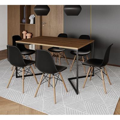 Mesa Jantar Industrial Retangular Amêndoa 137X90Cm Base V Ferro Preto C/6 Cadeiras Preta Mad Amendoa