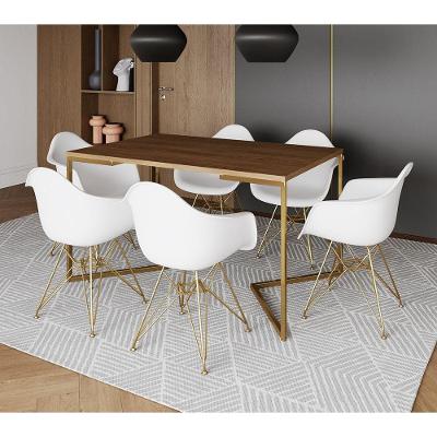Mesa Jantar Industrial Amêndoa 137X90Cm Base V C/6 Poltronas Daw Brancas Base Dourada Cor: Amendoa