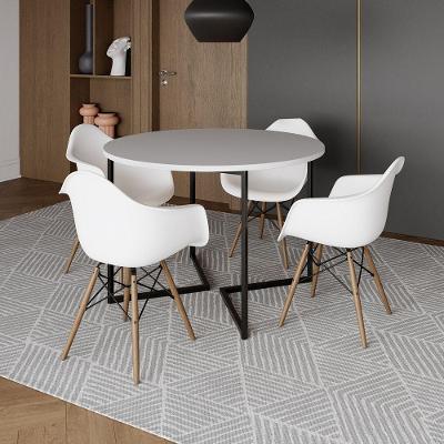 Mesa Jantar Industrial Branca 110Cm Redonda Base V Ferro Preto C/4 Poltronas Brancas Madeir Branco