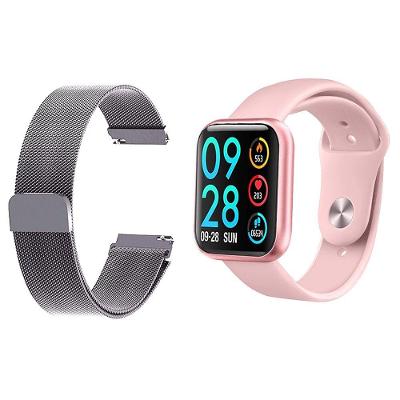 Kit 1 Relógio Smartwatch Rosa Android Ios + 1 Pulseira Prata