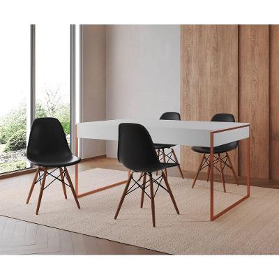 Mesa Jantar Industrial Retangular Branca 137X90Cm Base Cobre Com 4 Cadeiras Pretas Cor: Branco