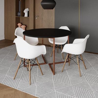 Mesa Jantar Industrial Preta 110Cm Redonda Base V Cobre Com 4 Poltronas Brancas Madeira Cor: Preto