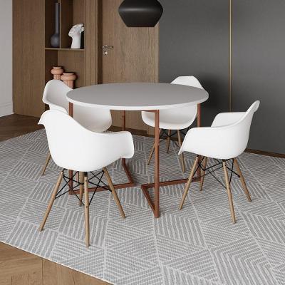 Mesa Jantar Industrial Branca 110Cm Redonda Base V Cobre C/4 Poltronas Brancas Madeira Cor: Branco
