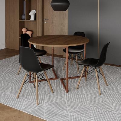 Mesa Jantar Industrial Redonda 110Cm Amêndoa Base V Cobre C/4 Cadeiras Preta Base Madeira Amendoa