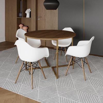 Mesa Jantar Industrial Redonda 110Cm Amêndoa Base V Dourada C/4 Poltronas Daw Madeira Cor: Amendoa